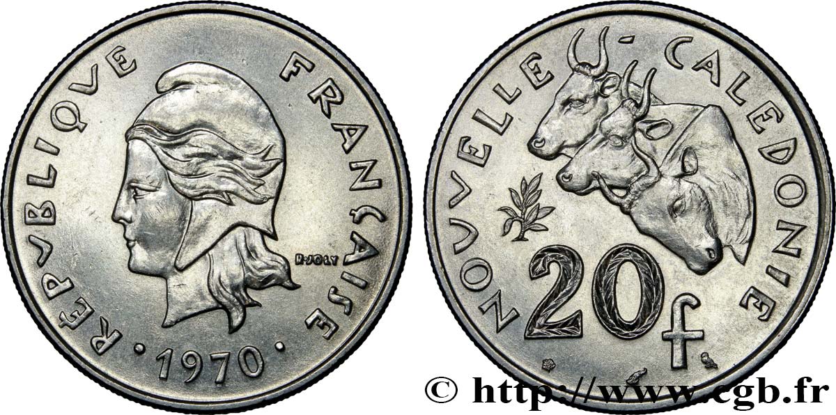 NEUKALEDONIEN 20 Francs Marianne / zébus d’élevage de Nouvelle Calédonie  1970 Paris fVZ 