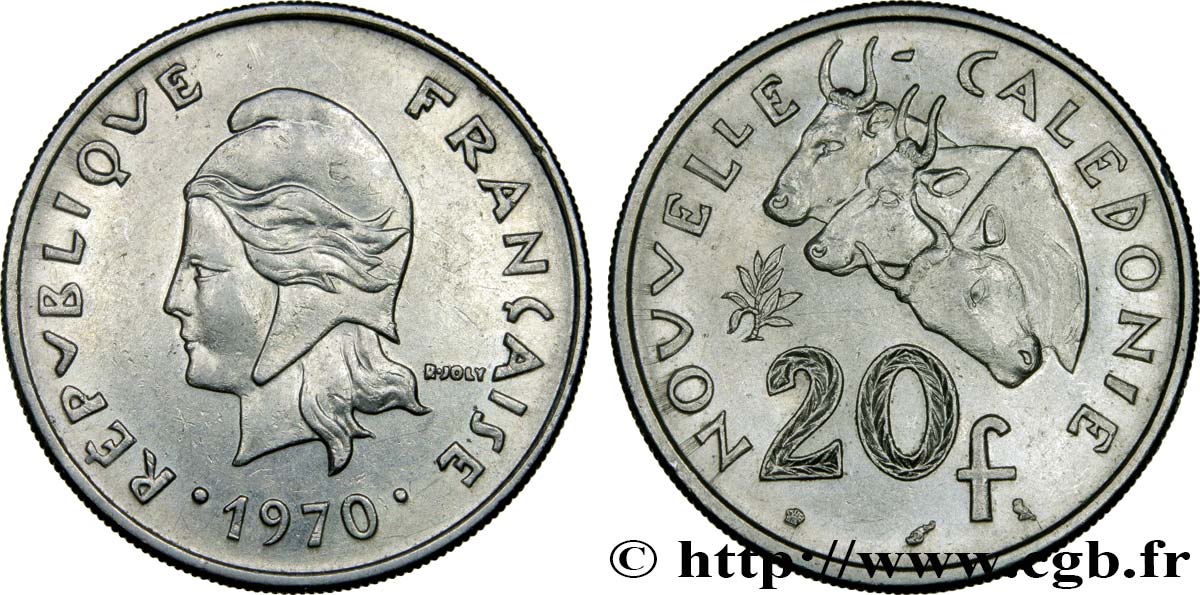 NOUVELLE CALÉDONIE 20 Francs Marianne / zébus d’élevage de Nouvelle Calédonie  1970 Paris SUP 