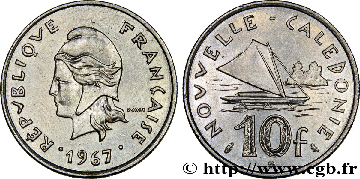 NUEVA CALEDONIA 10 Francs Marianne / voilier traditionnel 1967 Paris EBC 