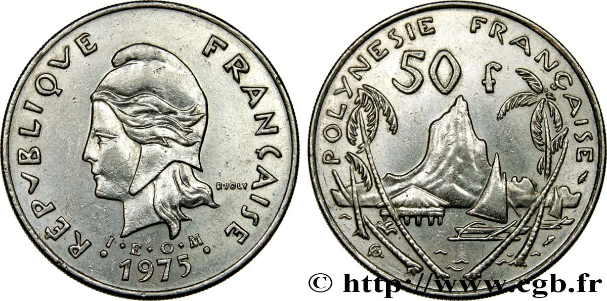 POLYNÉSIE FRANÇAISE 50 Francs I.E.O.M. Marianne / paysage polynésien 1975 Paris SUP 