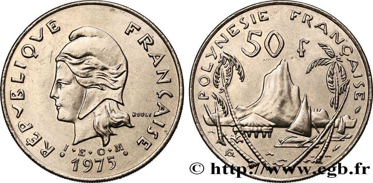 FRENCH POLYNESIA 50 Francs I.E.O.M. Marianne / paysage polynésien 1975 Paris AU 