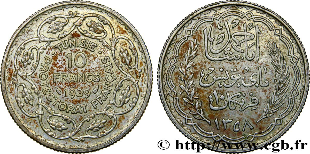 TUNISIA - Protettorato Francese 10 Francs au nom du Bey Ahmed an 1358 1939 Paris q.SPL 