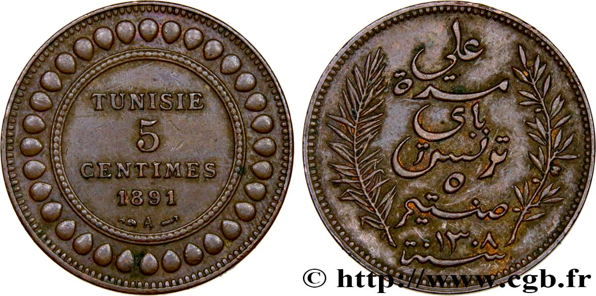 TUNESIEN - Französische Protektorate  5 Centimes AH1308 1891  VZ 