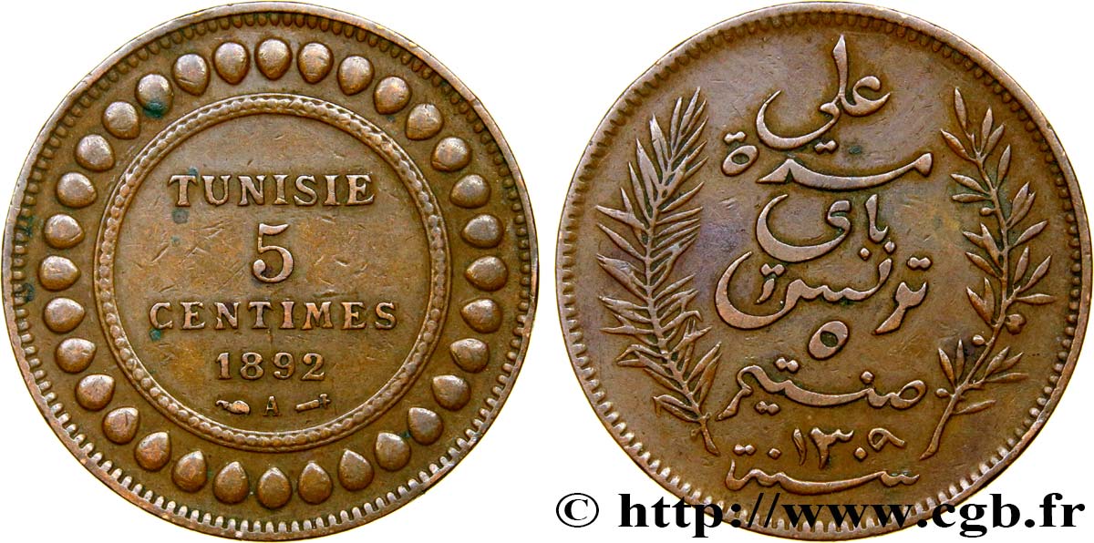 TUNISIE - PROTECTORAT FRANÇAIS 5 Centimes AH1309 1892 Paris TTB+ 