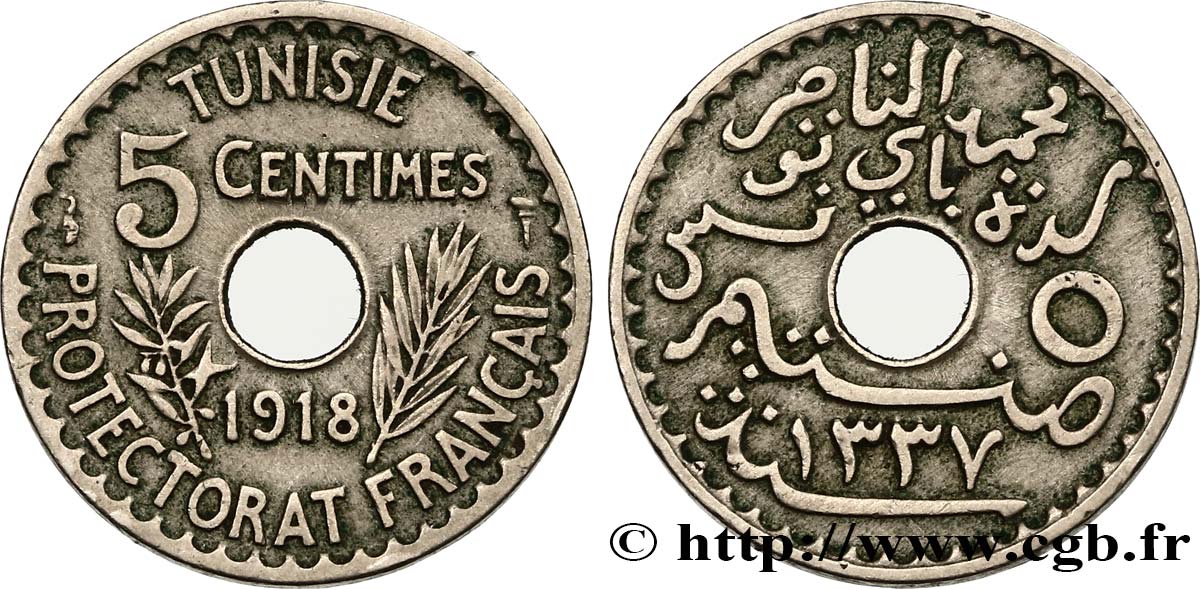 TUNISIA - French protectorate 5 Centimes AH 1337 1918 Paris AU 