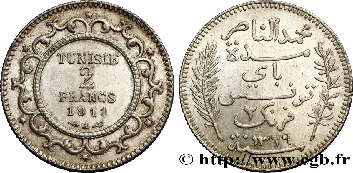 TUNISIE - PROTECTORAT FRANÇAIS 2 Francs AH1329 1911 Paris - A SUP 