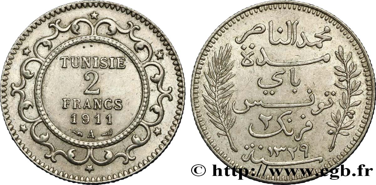 TUNISIA - French protectorate 2 Francs AH1329 1911 Paris - A AU 