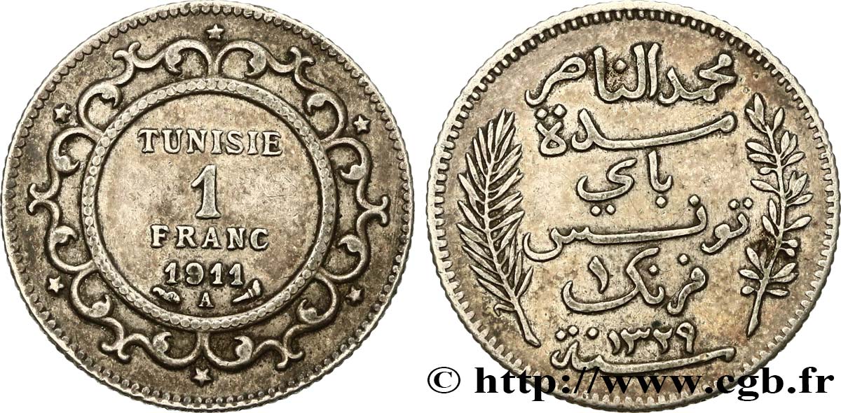 TUNISIA - French protectorate 1 Franc AH1329 1911 Paris XF 