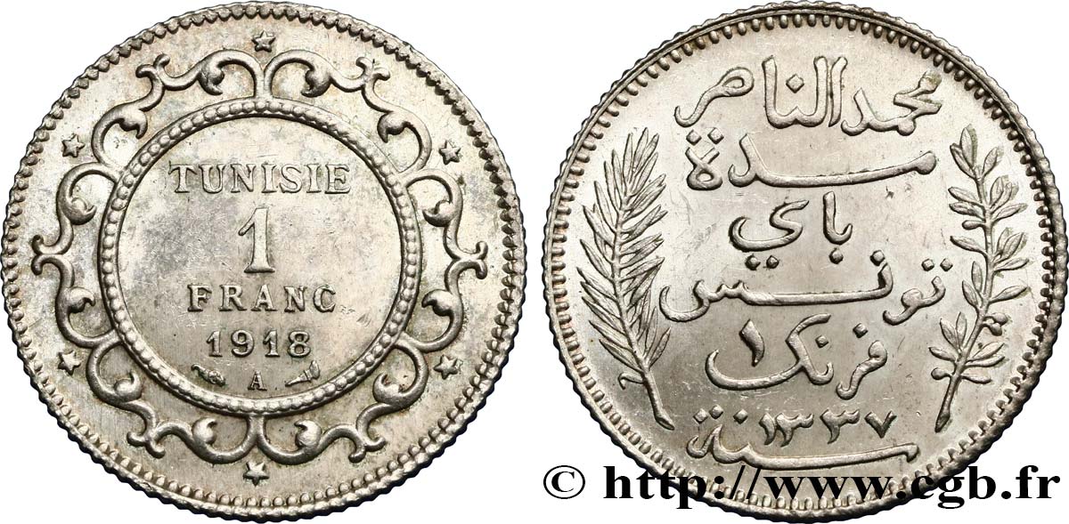 TUNISIA - Protettorato Francese 1 Franc AH 1337 1918 Paris SPL 