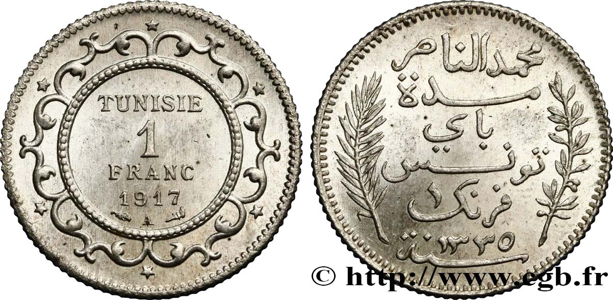 TUNESIEN - Französische Protektorate  1 Franc AH1335 1917 Paris fST 