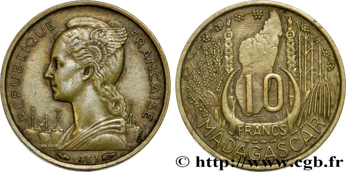 MADAGASCAR French Union 10 Francs 1953 Paris XF 