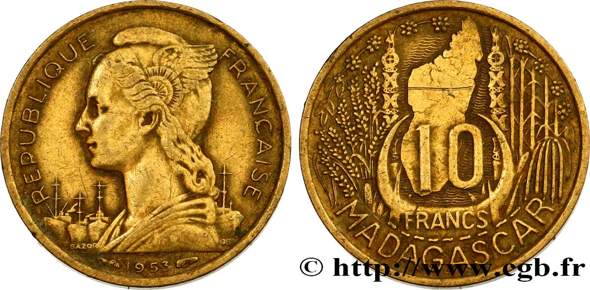 MADAGASCAR - UNIóN FRANCESA 10 Francs 1953 Paris MBC 