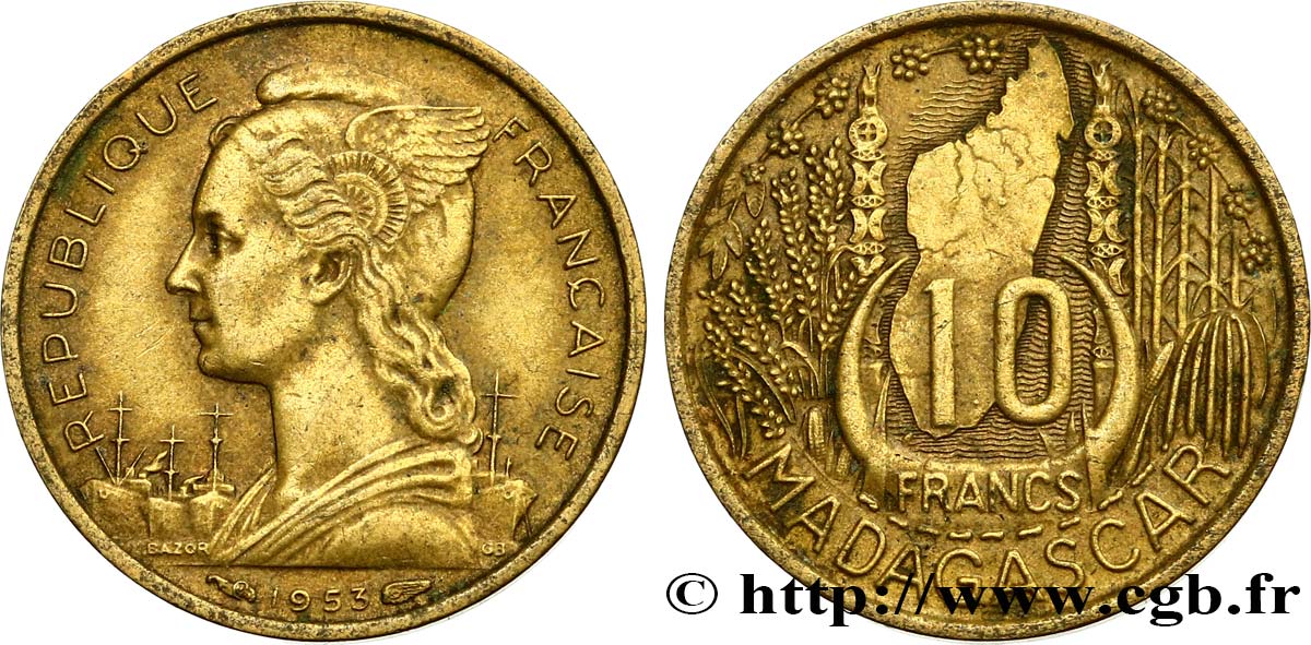 MADAGASCAR - UNIóN FRANCESA 10 Francs 1953 Paris MBC 