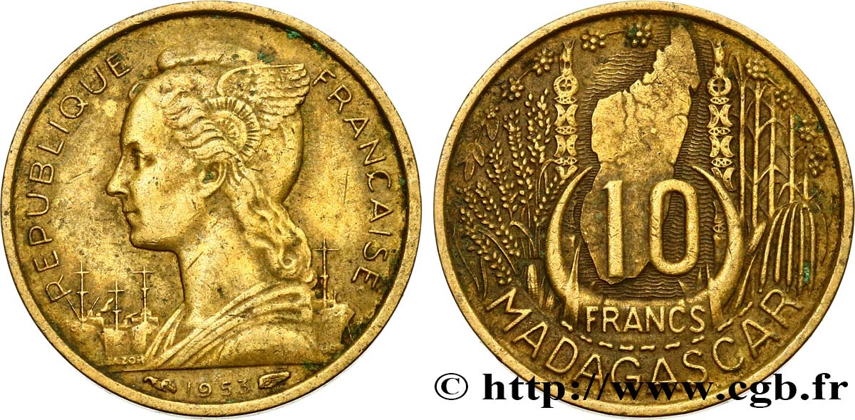 MADAGASCAR - UNION FRANCESE 10 Francs 1953 Paris BB 