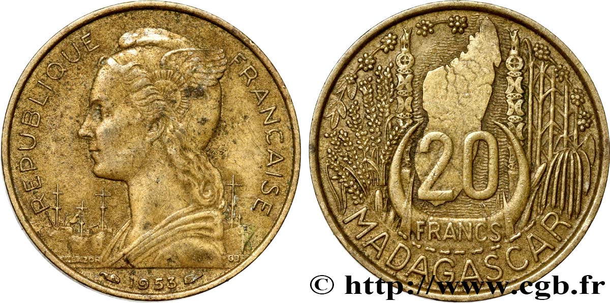 MADAGASCAR French Union 20 Francs 1953 Paris XF 