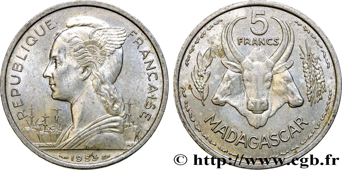 MADAGASCAR French Union 5 Francs Marianne / buffles 1953 Paris AU 
