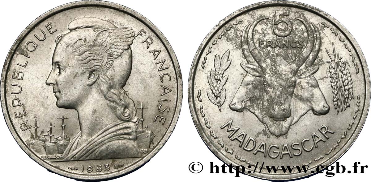 MADAGASCAR - UNIóN FRANCESA 5 Francs Marianne / buffles 1953 Paris EBC 