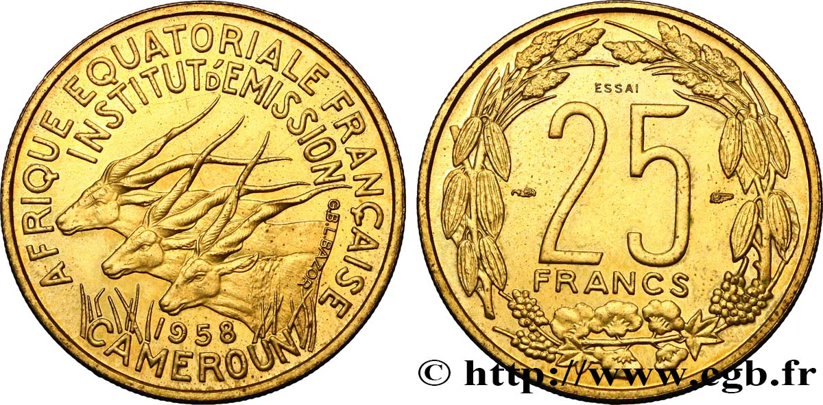 AFRICA ECUATORIAL FRANCESA - CAMERUN 25 Francs ESSAI 1958 Paris SC 