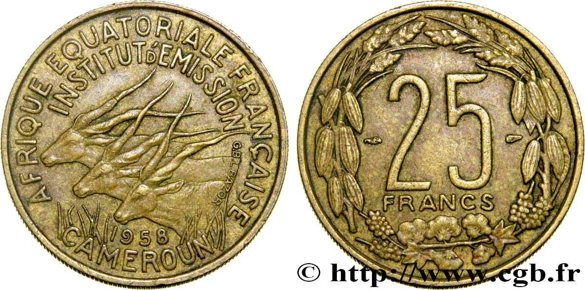 AFRIQUE ÉQUATORIALE FRANÇAISE - CAMEROUN 25 Francs antilopes 1958 Paris TTB 