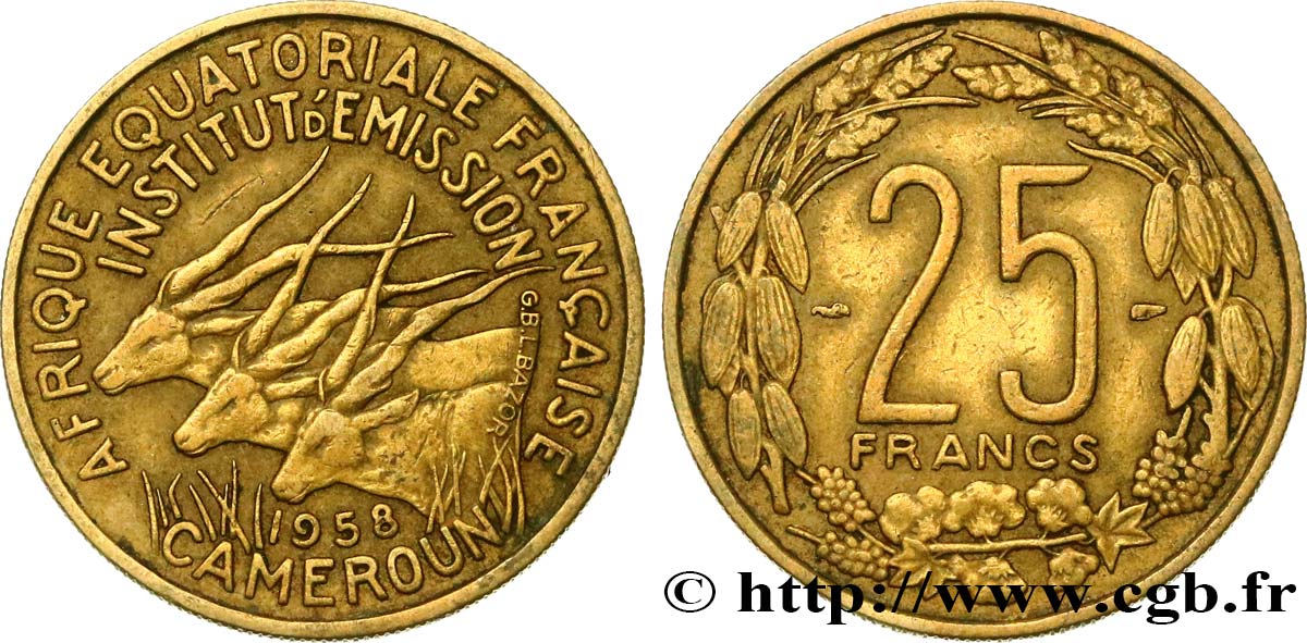FRENCH EQUATORIAL AFRICA - CAMEROON 25 Francs antilopes 1958 Paris XF 