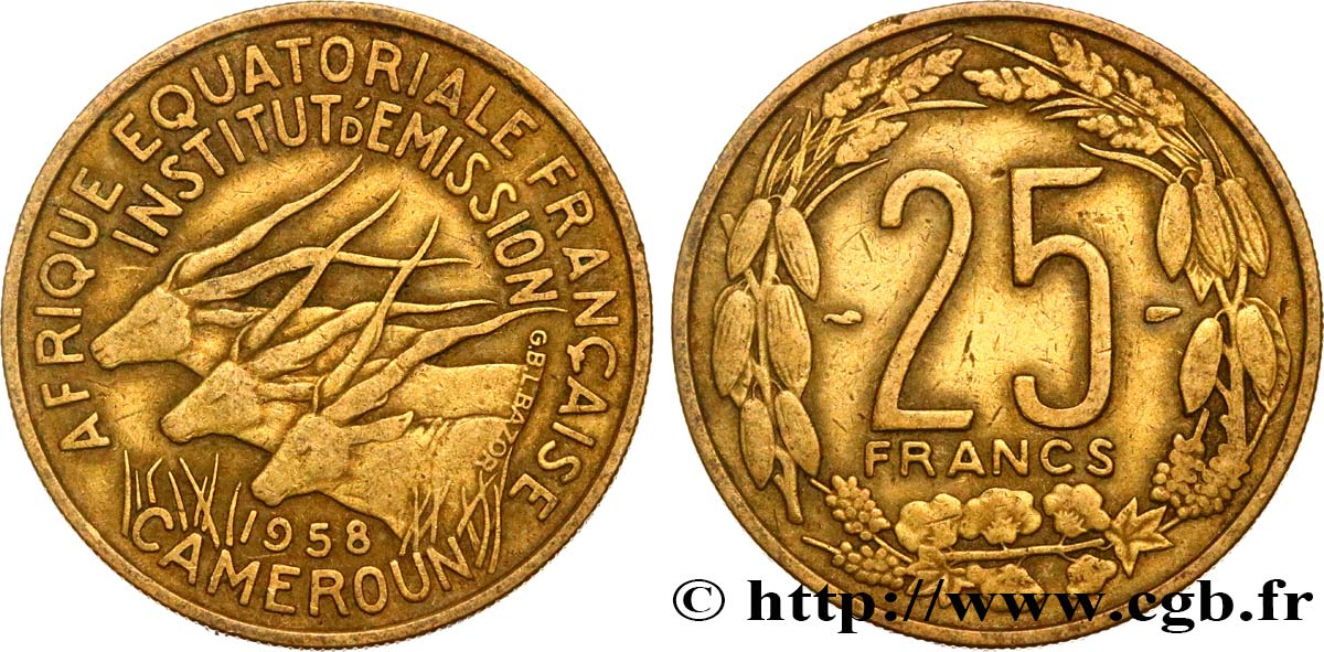 FRENCH EQUATORIAL AFRICA - CAMEROON 25 Francs antilopes 1958 Paris XF 