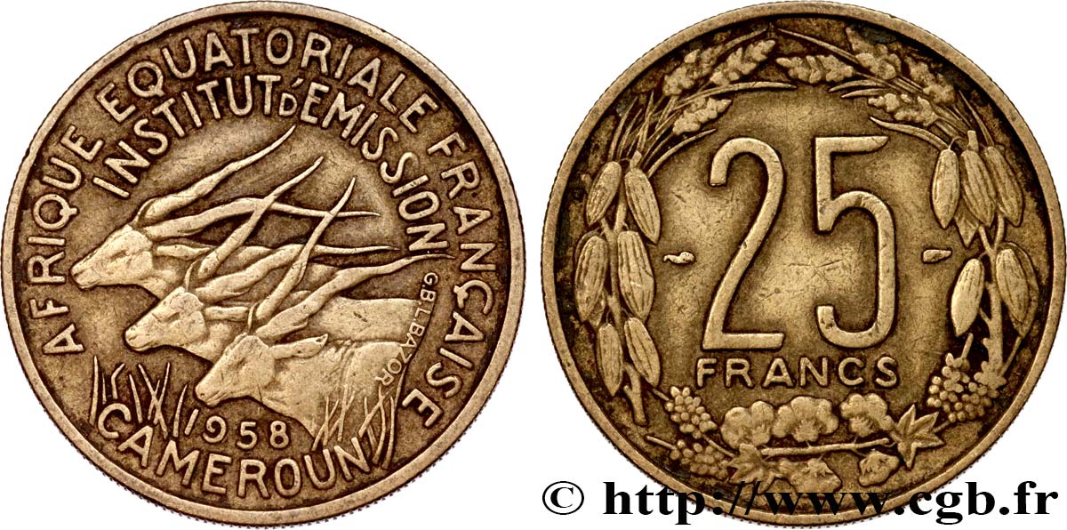 AFRIQUE ÉQUATORIALE FRANÇAISE - CAMEROUN 25 Francs antilopes 1958 Paris TTB 
