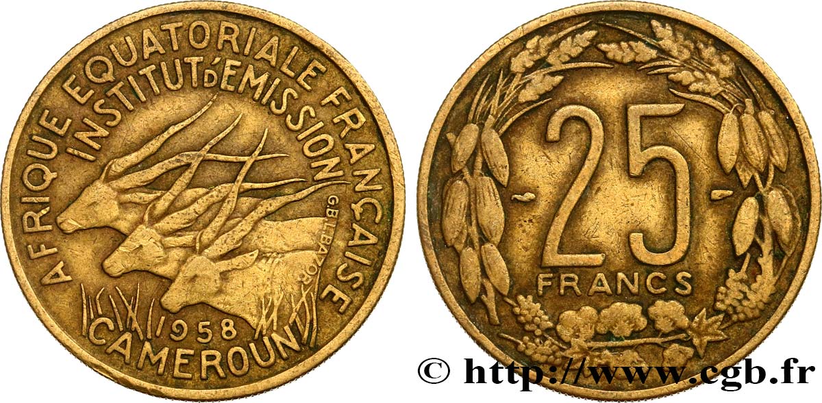 AFRIQUE ÉQUATORIALE FRANÇAISE - CAMEROUN 25 Francs antilopes 1958 Paris TTB 
