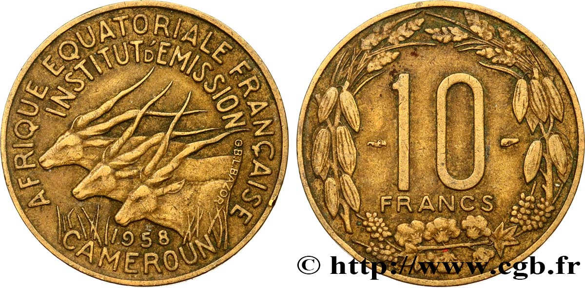 AFRICA EQUATORIALE FRANCESE - CAMERUN 10 Francs 1958 Paris BB 