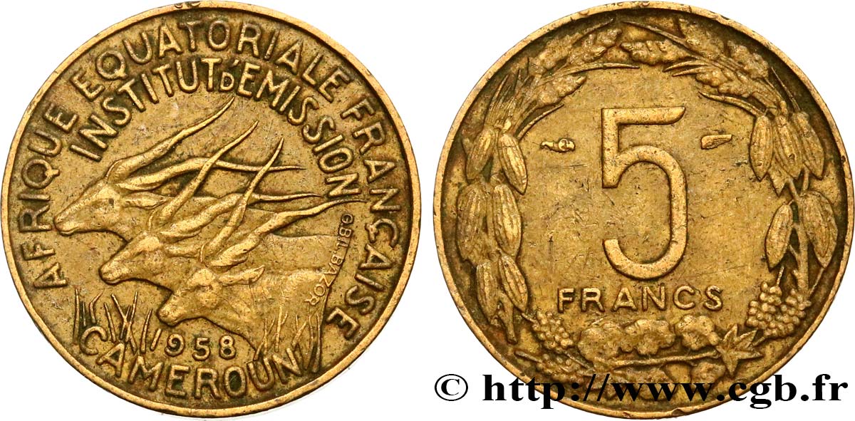 AFRICA EQUATORIALE FRANCESE - CAMERUN 5 Francs 1958 Paris BB 