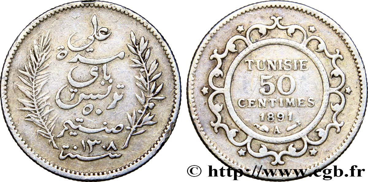 TUNISIA - Protettorato Francese 50 Centimes AH 1308 1891 Paris BB 