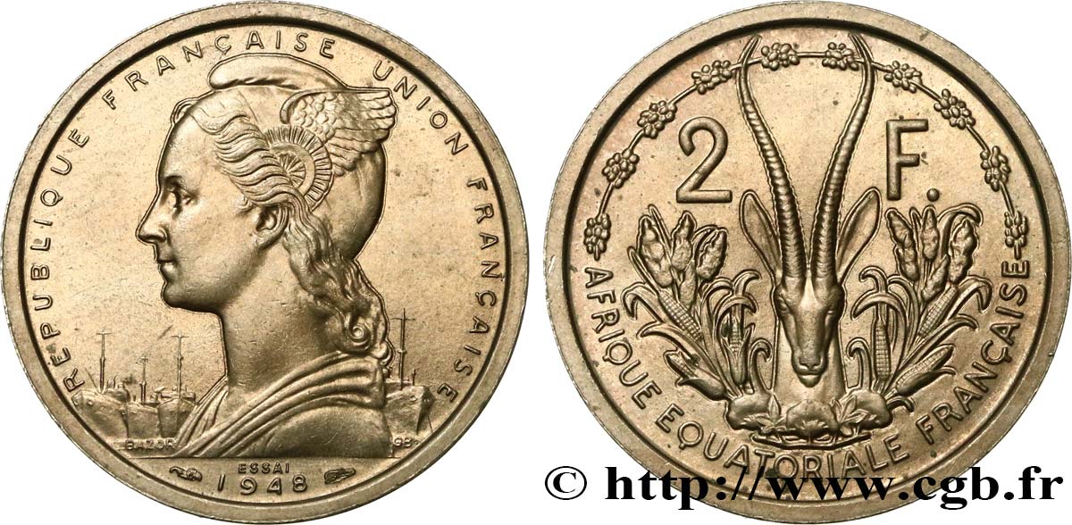 AFRIQUE ÉQUATORIALE FRANÇAISE - UNION FRANÇAISE Essai de 2 Francs 1948 Paris SPL 