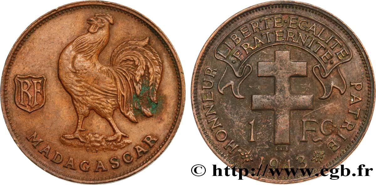 MADAGASCAR - Fuerzas Francesas Libres 1 Franc 1943 Prétoria MBC 