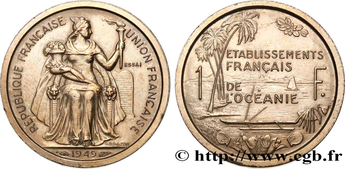 FRANZÖSISCHE POLYNESIA - Franzözische Ozeanien Essai de 1 Franc Établissements français de l’Océanie 1949 Paris VZ 