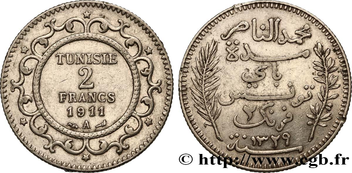 TUNISIA - French protectorate 2 Francs au nom du Bey Mohamed En-Naceur  an 1329 1911 Paris - A XF 