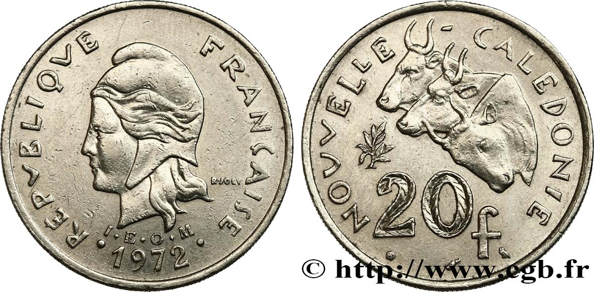 NEUKALEDONIEN 20 Francs I.E.O.M. Marianne / zébus d’élevage de Nouvelle Calédonie  1972 Paris VZ 