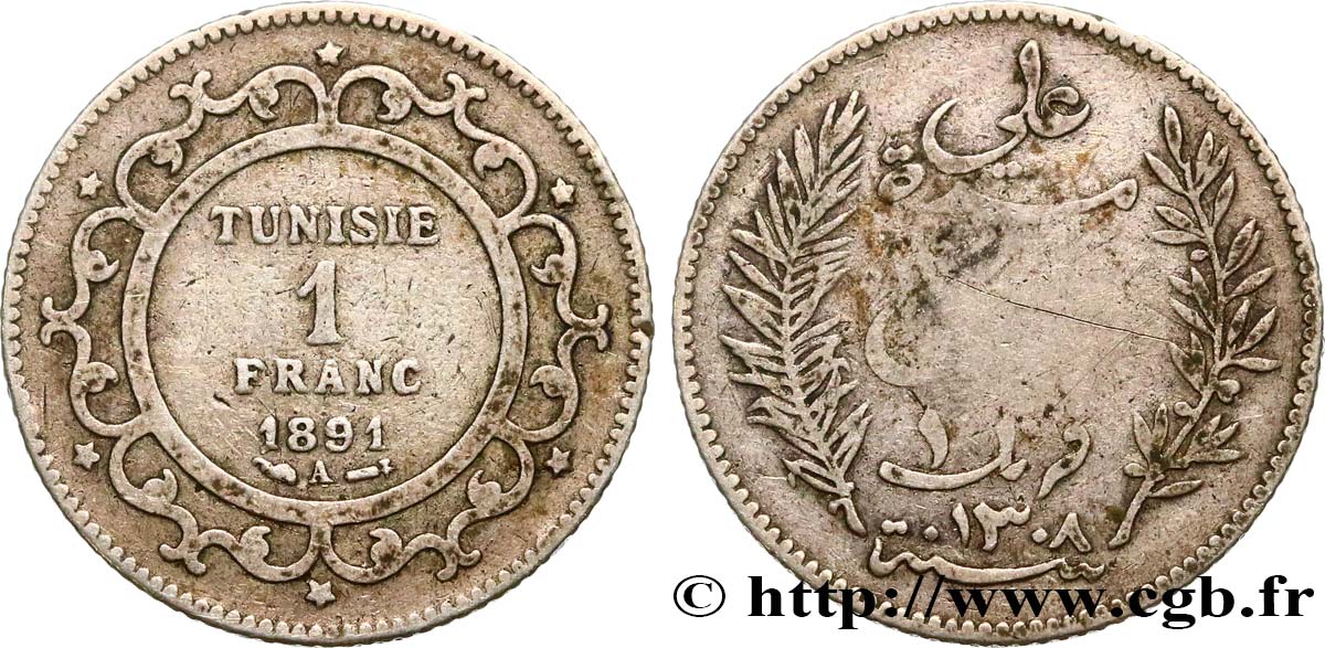 TUNISIA - French protectorate 1 Franc AH1308 1891 Paris XF 