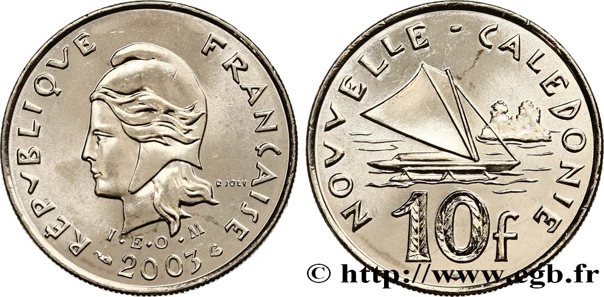 NEUKALEDONIEN 10 Francs I.E.O.M. Marianne / paysage maritime néo-calédonien avec pirogue à voile  2003 Paris fST 