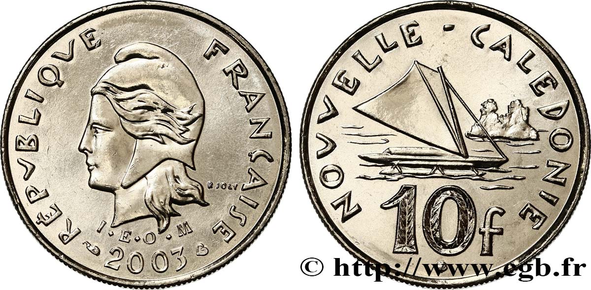 NEW CALEDONIA 10 Francs I.E.O.M. Marianne / paysage maritime néo-calédonien avec pirogue à voile  2003 Paris MS 