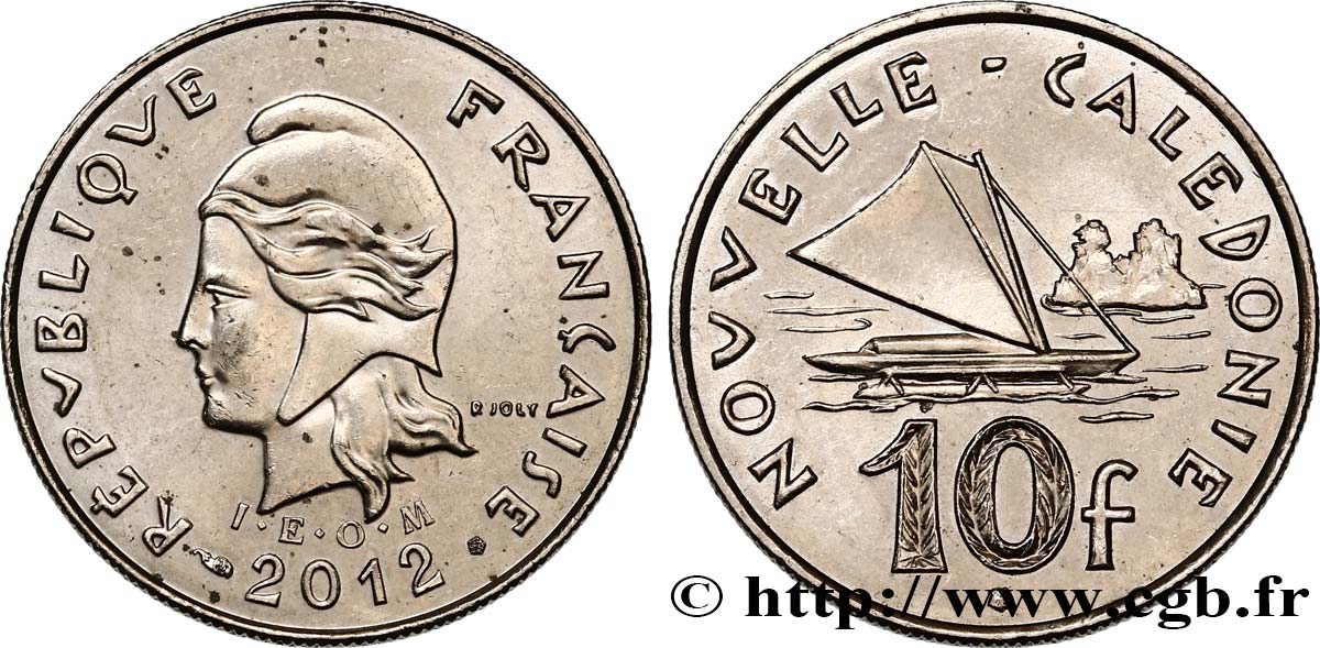 NUEVA CALEDONIA 10 Francs I.E.O.M. Marianne / paysage maritime néo-calédonien avec pirogue à voile  2012 Paris SC 