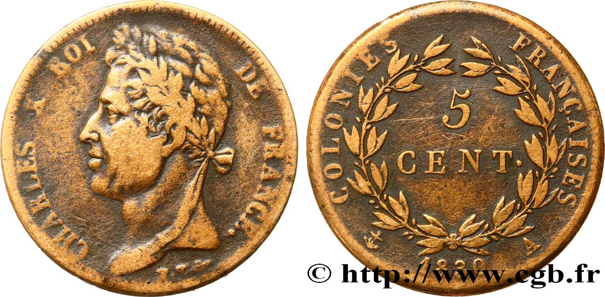 COLONIE FRANCESI - Carlo X, per Guyana 5 Centimes Charles X 1830 Paris - A q.BB 