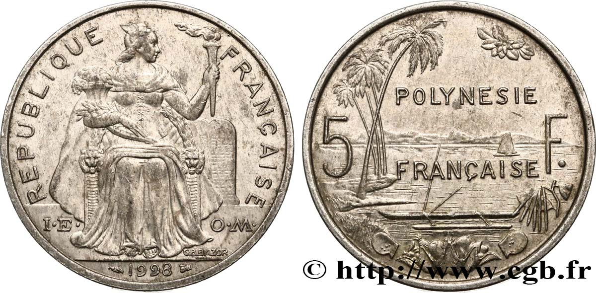POLINESIA FRANCESA 5 Francs I.E.O.M. Polynésie Française 1998 Paris EBC 