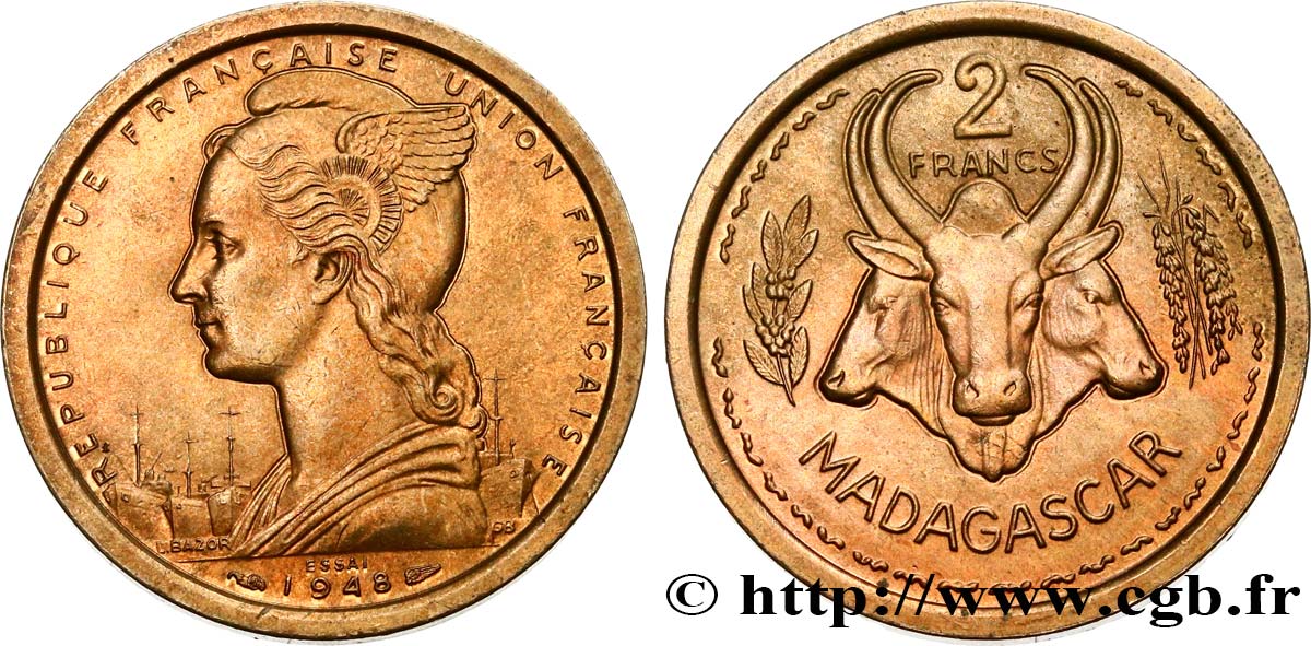 MADAGASCAR - UNION FRANCESE Essai de 2 Francs 1948 Paris MS 