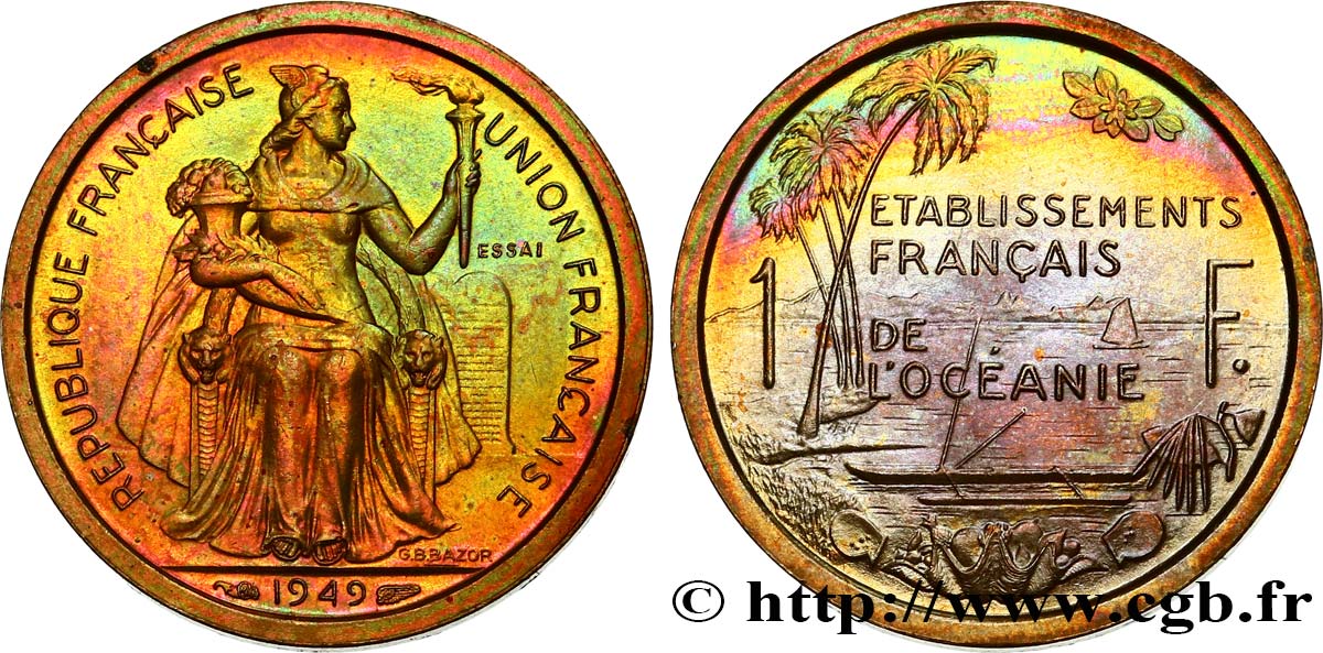 FRENCH POLYNESIA - French Oceania Essai de 1 Franc Établissements français de l’Océanie 1949 Paris MS 