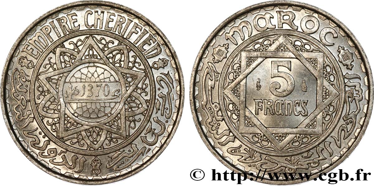 MARUECOS - PROTECTORADO FRANCÉS 5 Francs AH 1370 1951  SC 