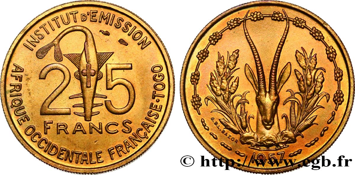 FRANZÖSISCHE WESTAFRIKA - TOGO 25 Francs 1957 Paris VZ 