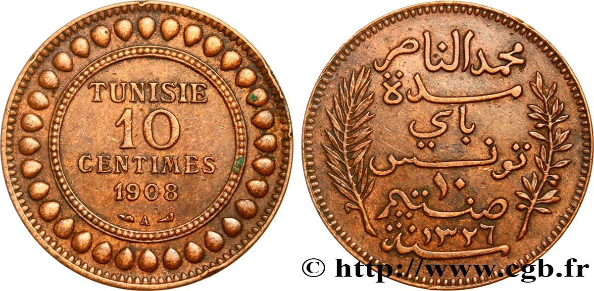 TUNISIA - Protettorato Francese 10 Centimes AH1326 1908 Paris q.SPL 