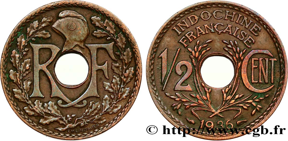 FRENCH INDOCHINA 1/2 Centième 1936 Paris XF 