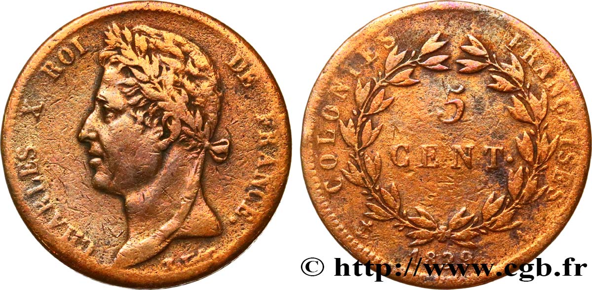COLONIE FRANCESI - Carlo X, per Guyana 5 Centimes Charles X 1829 Paris - A MB 