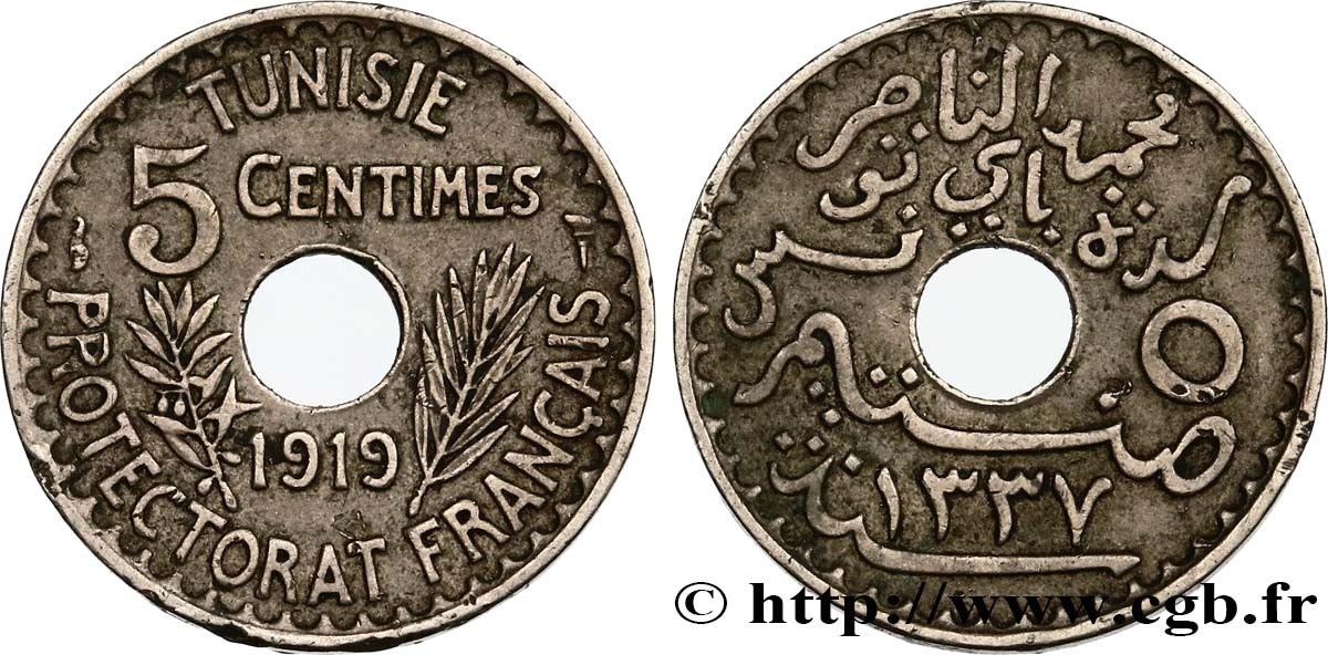 TUNEZ - Protectorado Frances 5 Centimes AH 1337 1919 Paris MBC 