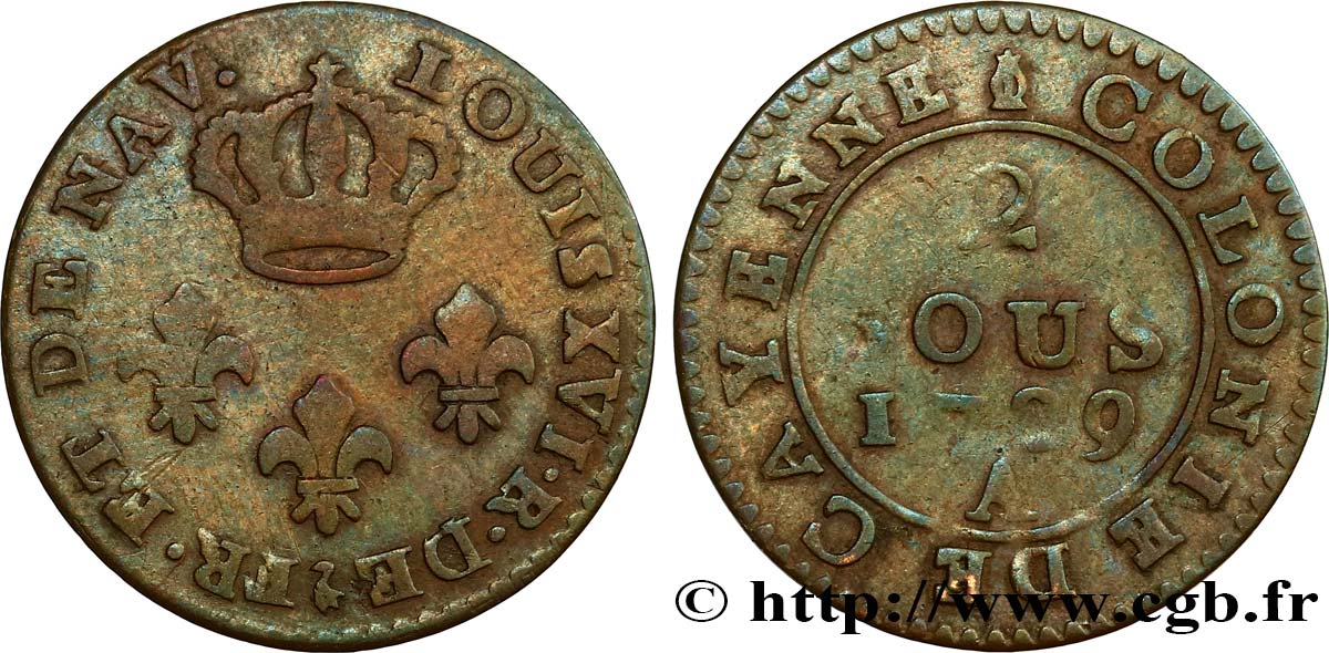 GUYANE FRANÇAISE 2 Sous colonies de Cayenne 2e type 1789 Paris - A TB 